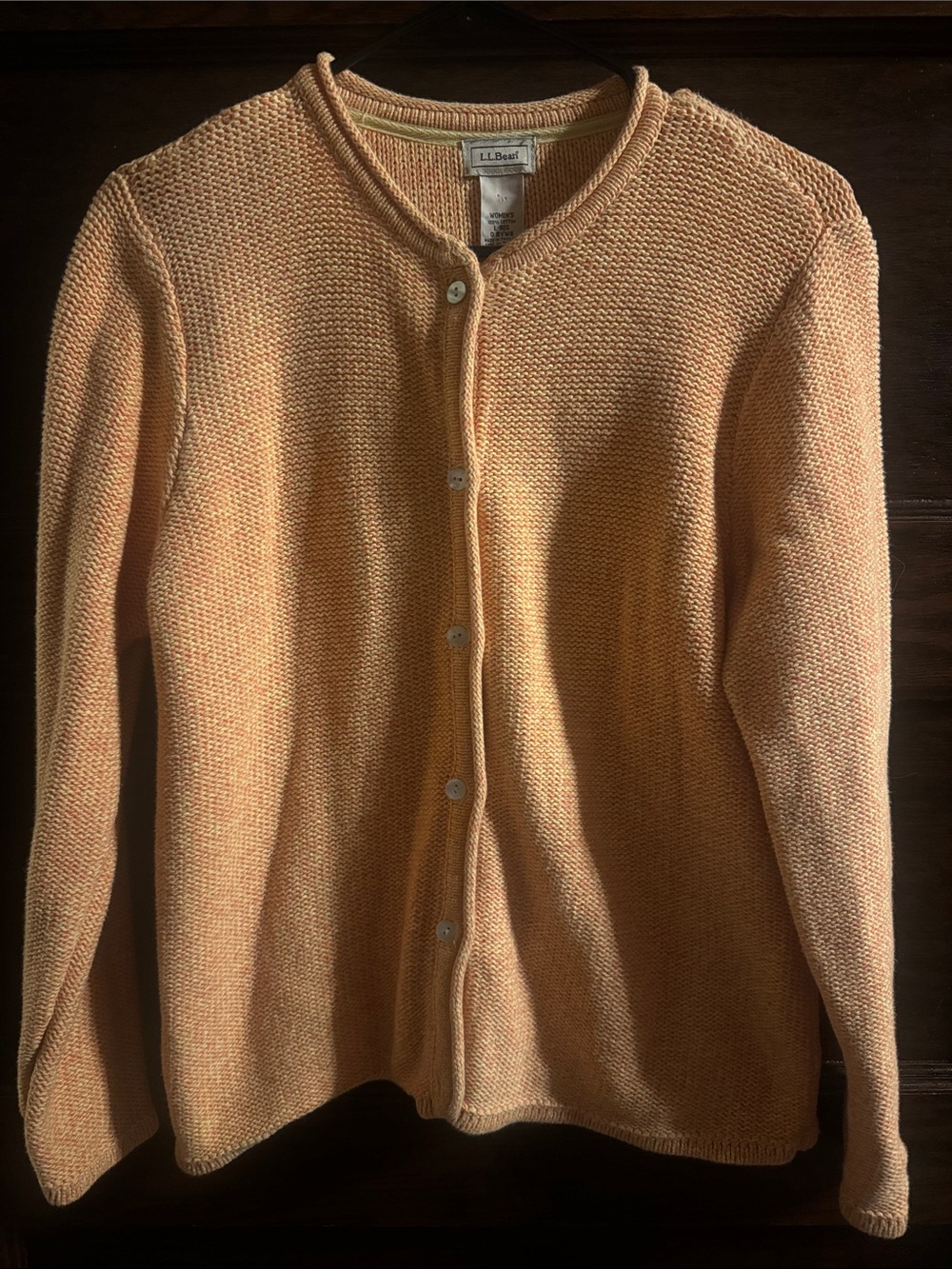L.L. Bean Peach Button-Front Crewneck Cardigan, Size Large